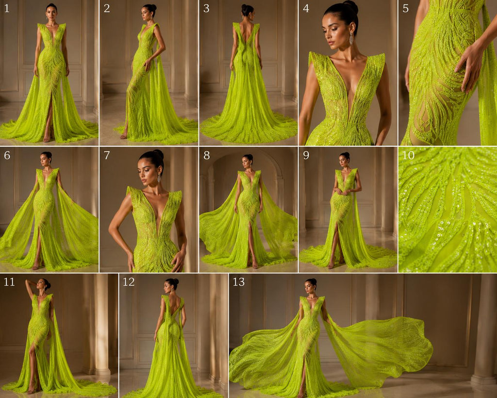 Neon Green - Glossy Design Luxury Shiny Sequin - 4 Way Stretch Mesh Fabric – Prom & Evening Dress Material By The Yard.