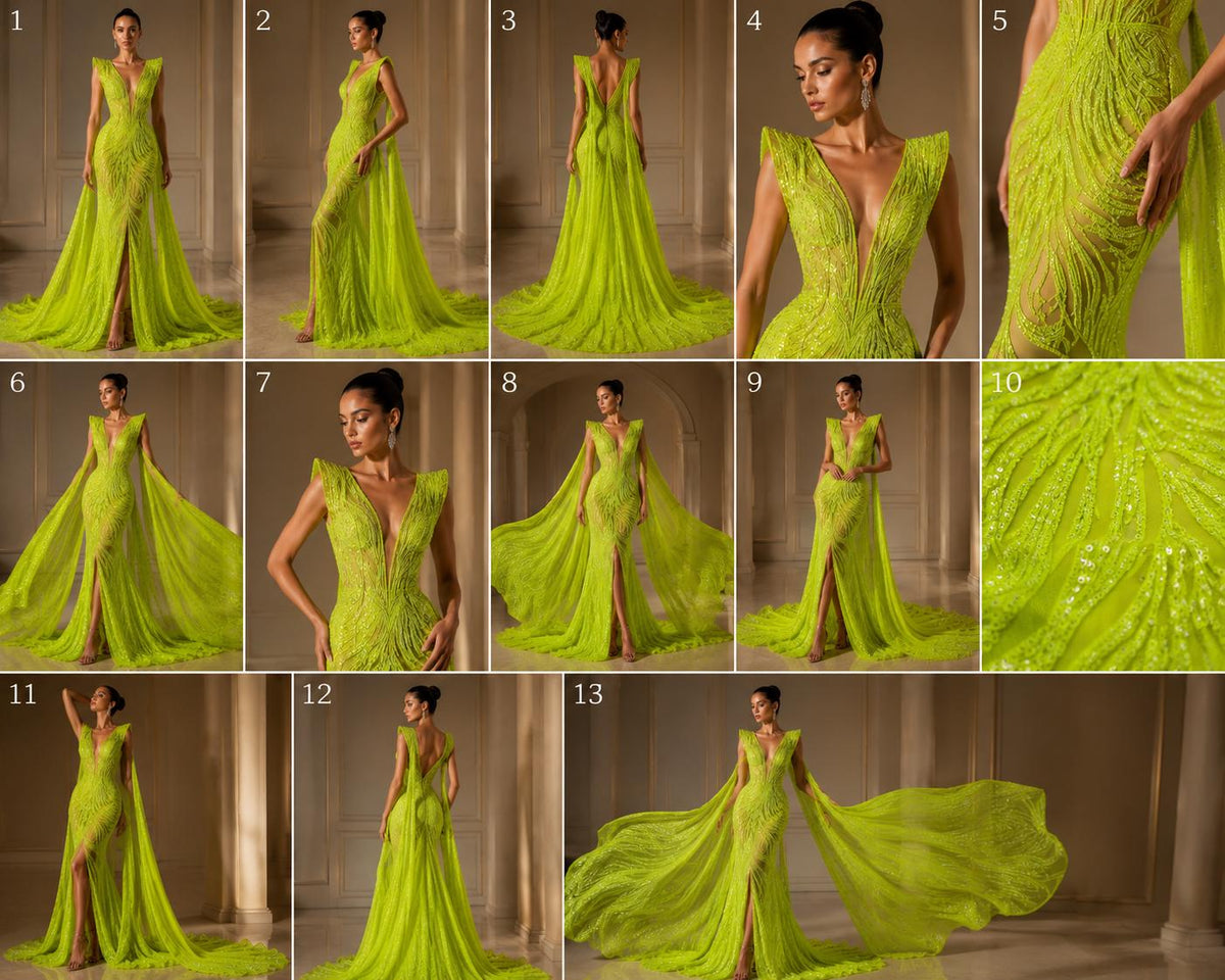 Neon Green - Glossy Design Luxury Shiny Sequin - 4 Way Stretch Mesh Fabric – Prom & Evening Dress Material By The Yard.