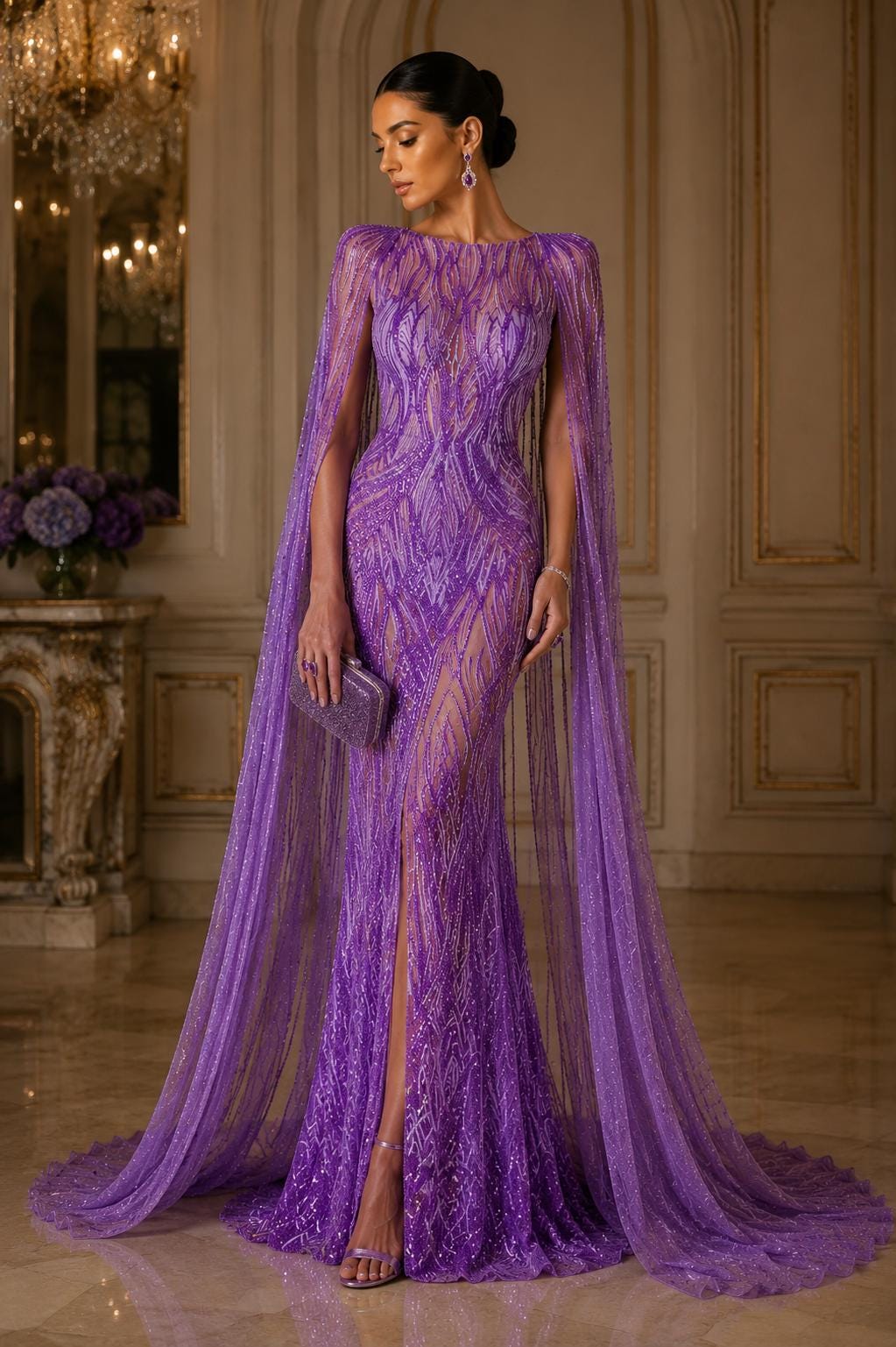 Lilac - Glossy Design Luxury Shiny Sequin - 4 Way Stretch Mesh Fabric – Prom & Evening Dress Material By The Yard.