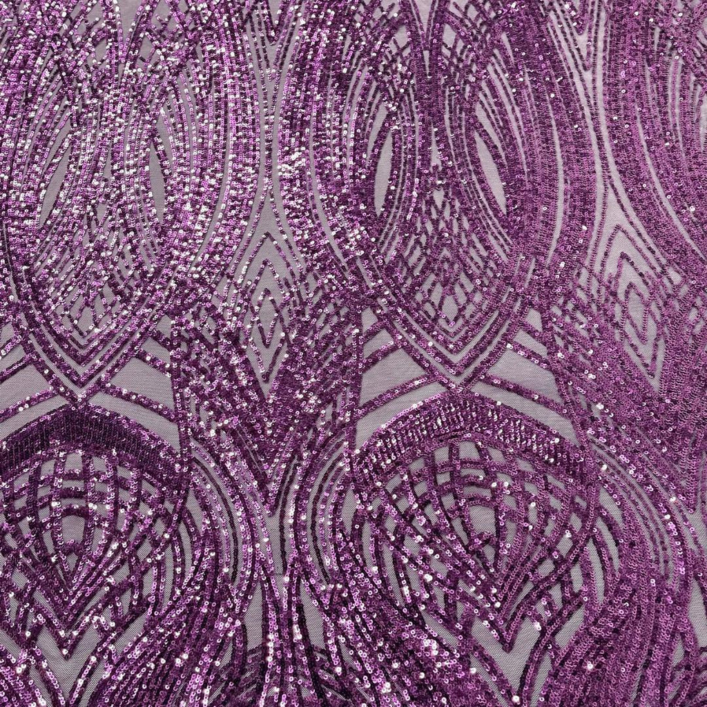 Purple - Glossy Design Luxury Shiny Sequin - 4 Way Stretch Mesh Fabric – Prom & Evening Dress Material By The Yard.
