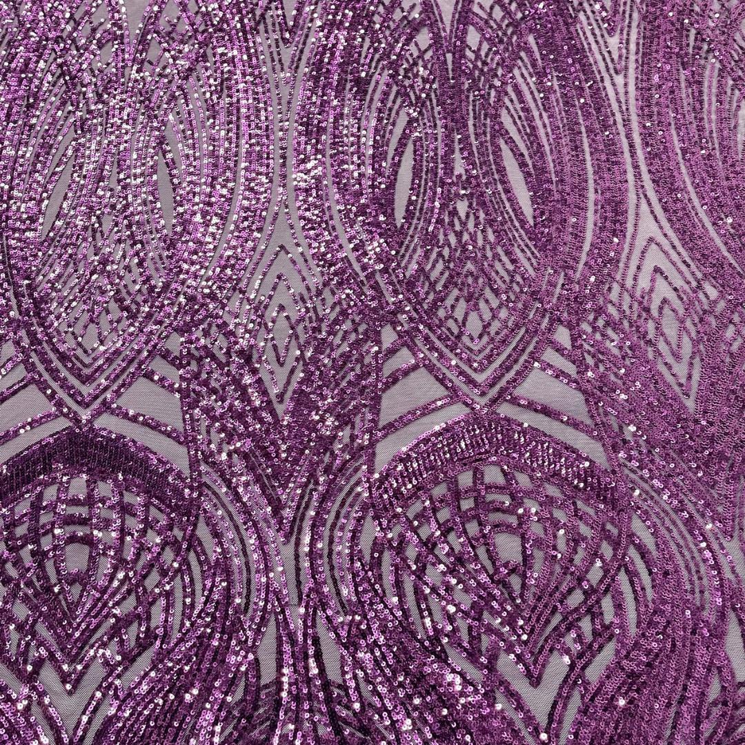 Purple - Glossy Design Luxury Shiny Sequin - 4 Way Stretch Mesh Fabric – Prom & Evening Dress Material By The Yard.
