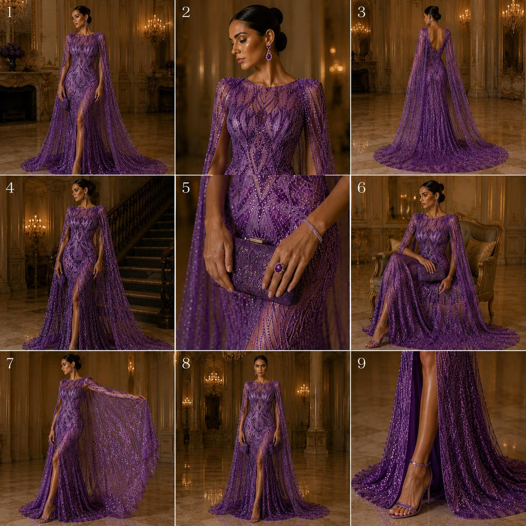 Purple - Glossy Design Luxury Shiny Sequin - 4 Way Stretch Mesh Fabric – Prom & Evening Dress Material By The Yard.