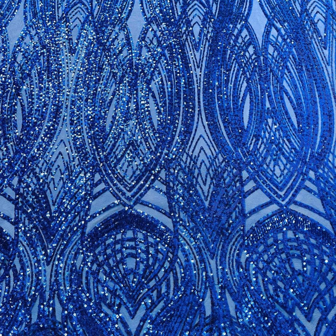Royal Blue - Glossy Design Luxury Shiny Sequin - 4 Way Stretch Mesh Fabric – Prom & Evening Dress Material By The Yard.
