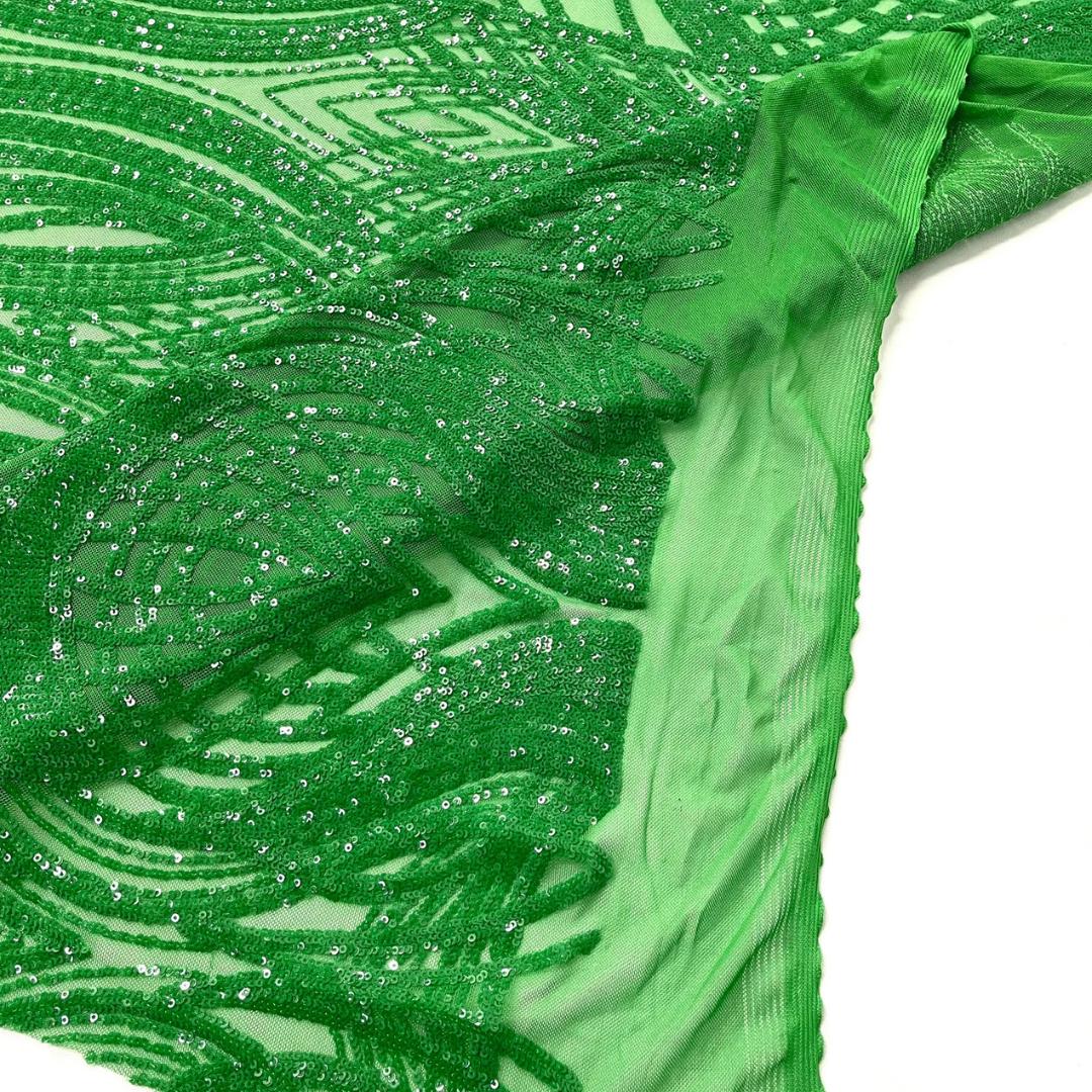 Green - Glossy Design Luxury Shiny Sequin - 4 Way Stretch Mesh Fabric – Prom & Evening Dress Material By The Yard.