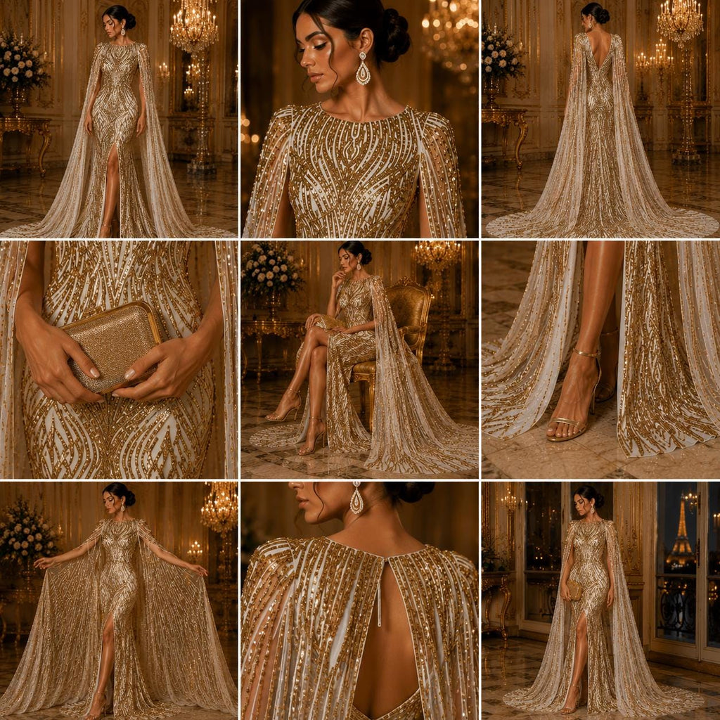 Gold - Glossy Design Luxury Shiny Sequin - 4 Way Stretch Mesh Fabric – Prom & Evening Dress Material By The Yard.