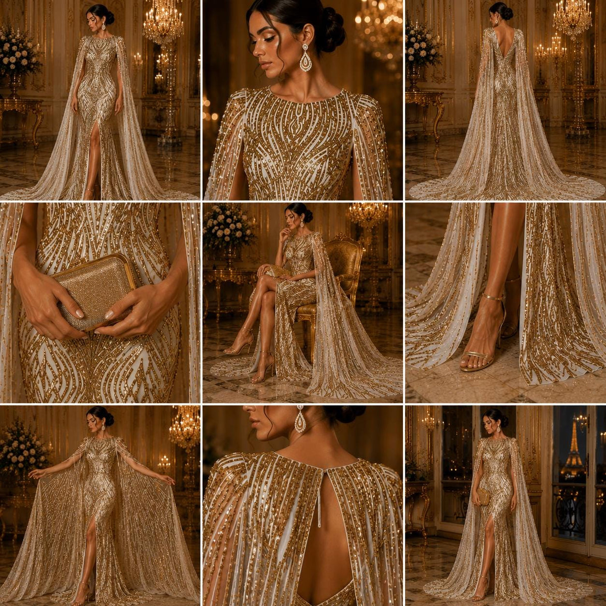 Gold - Glossy Design Luxury Shiny Sequin - 4 Way Stretch Mesh Fabric – Prom & Evening Dress Material By The Yard.