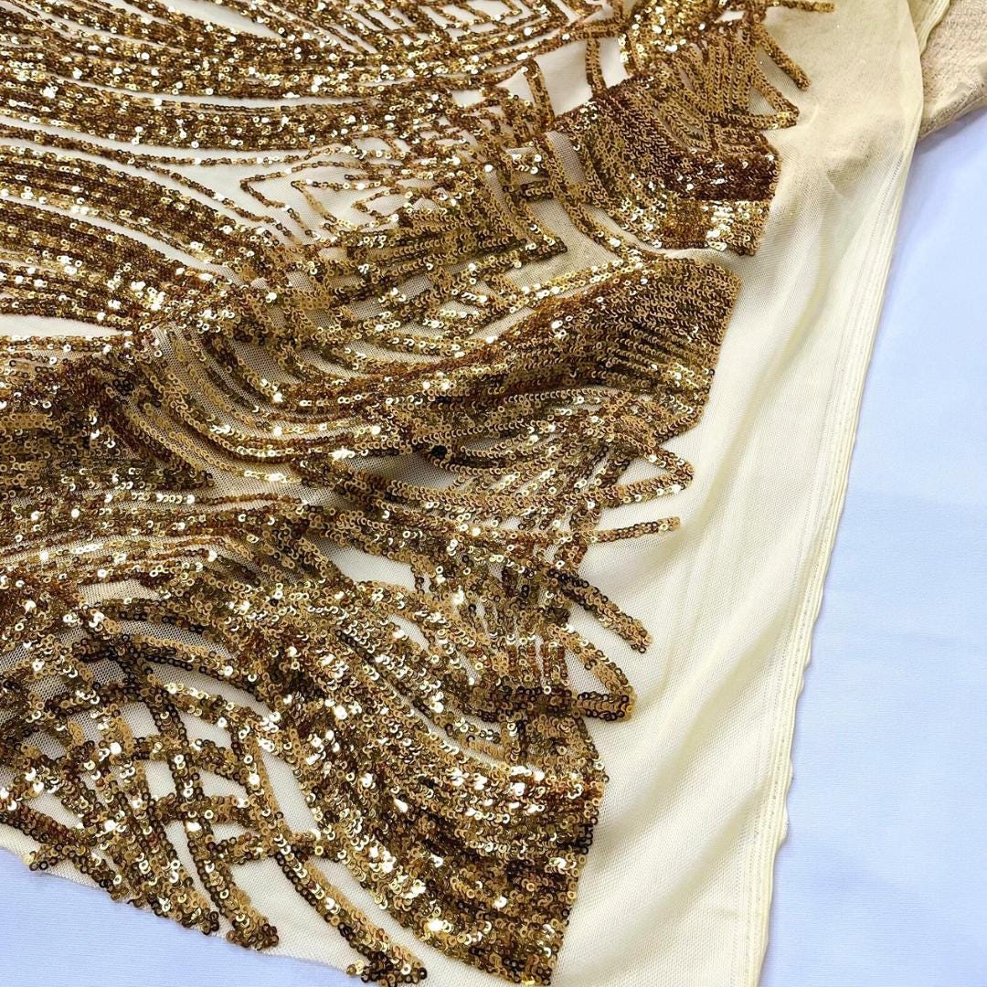 Gold - Glossy Design Luxury Shiny Sequin - 4 Way Stretch Mesh Fabric – Prom & Evening Dress Material By The Yard.