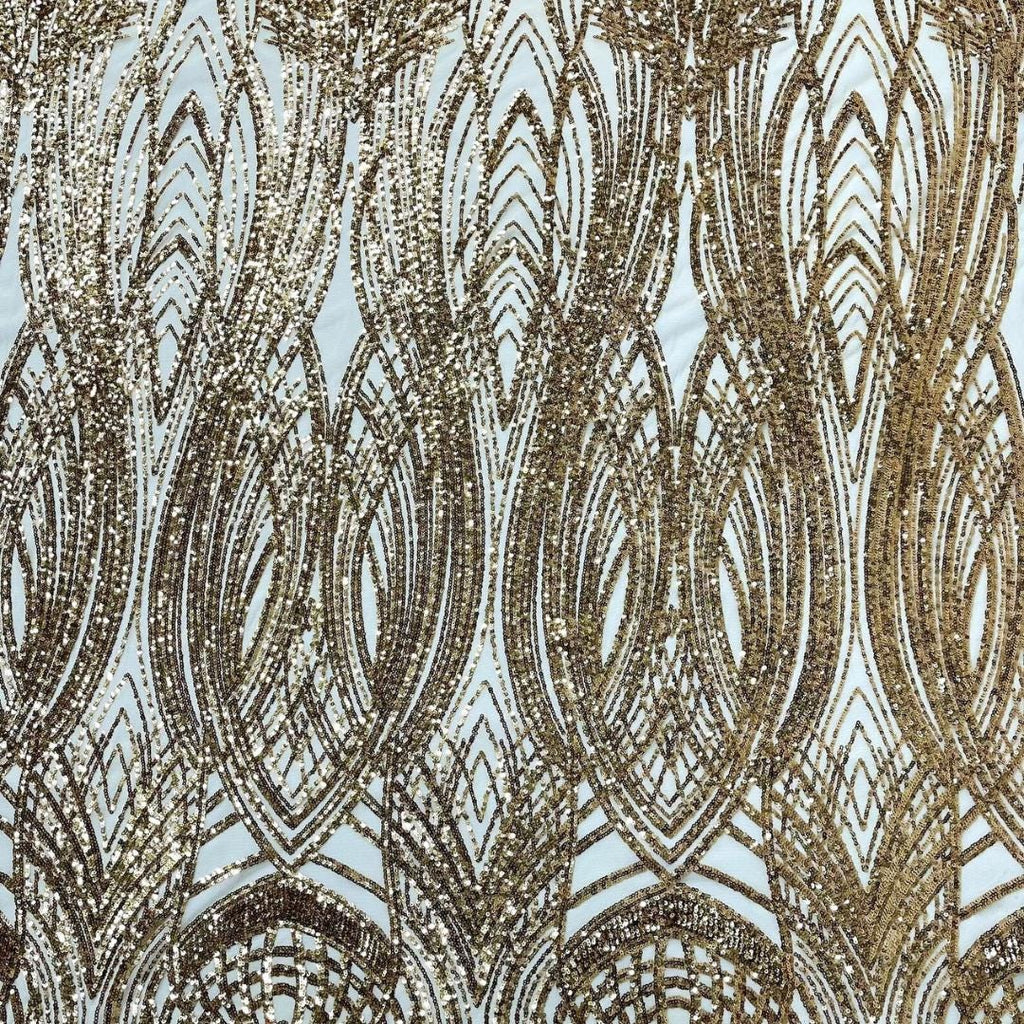 Gold - Glossy Design Luxury Shiny Sequin - 4 Way Stretch Mesh Fabric – Prom & Evening Dress Material By The Yard.