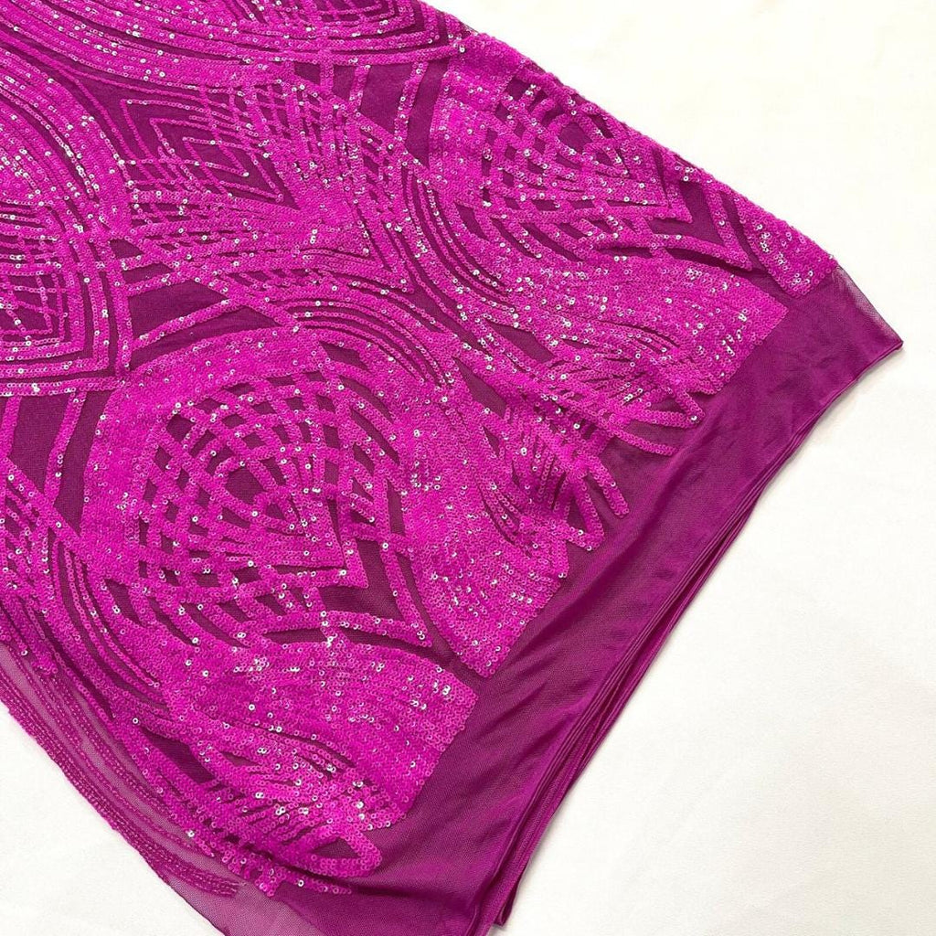 Magenta - Glossy Design Luxury Shiny Sequin - 4 Way Stretch Mesh Fabric – Prom & Evening Dress Material By The Yard.