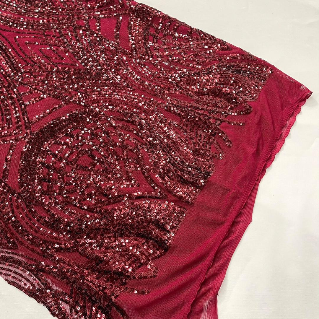 Burgundy - Glossy Design Luxury Shiny Sequin - 4 Way Stretch Mesh Fabric – Prom & Evening Dress Material By The Yard.