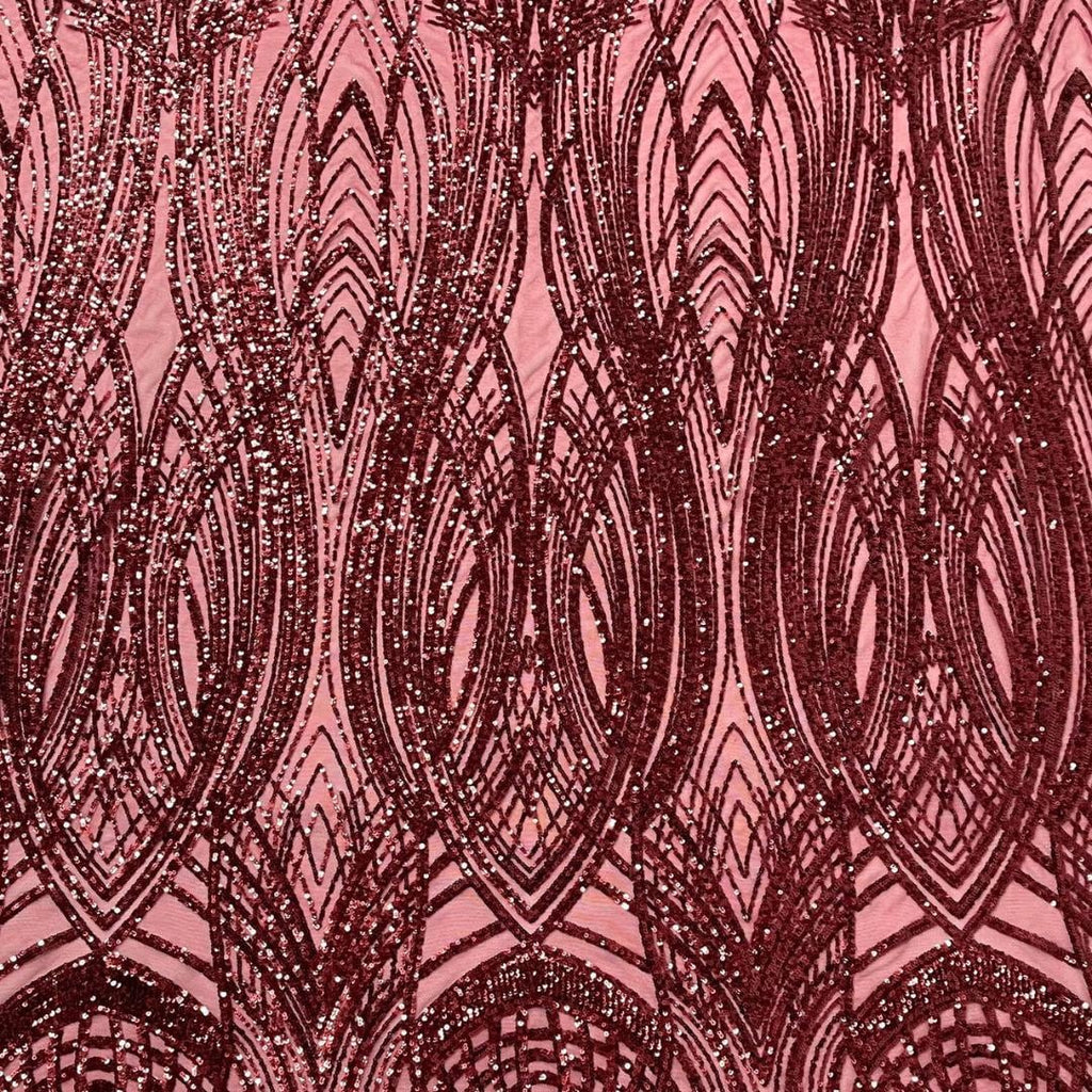 Burgundy - Glossy Design Luxury Shiny Sequin - 4 Way Stretch Mesh Fabric – Prom & Evening Dress Material By The Yard.