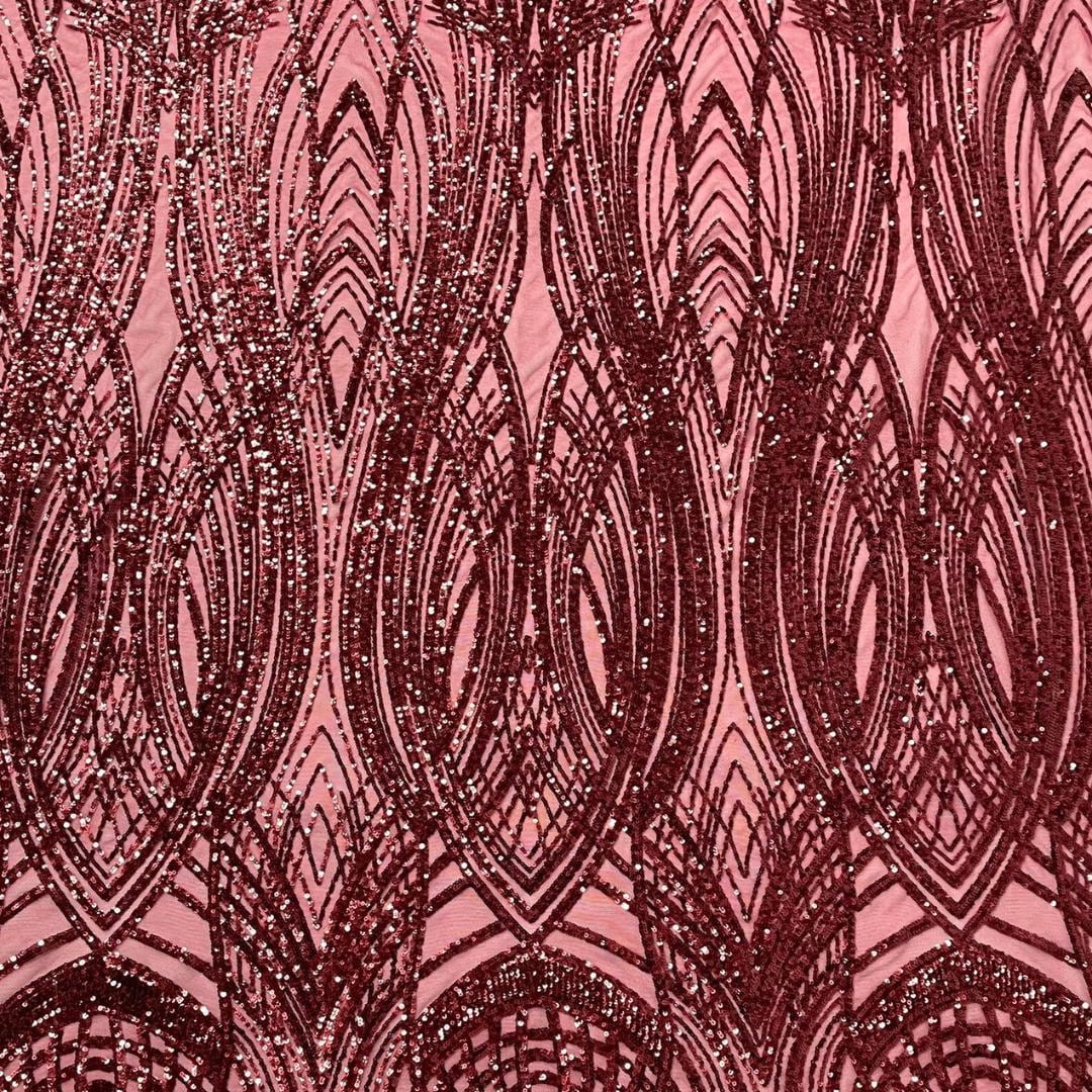 Burgundy - Glossy Design Luxury Shiny Sequin - 4 Way Stretch Mesh Fabric – Prom & Evening Dress Material By The Yard.