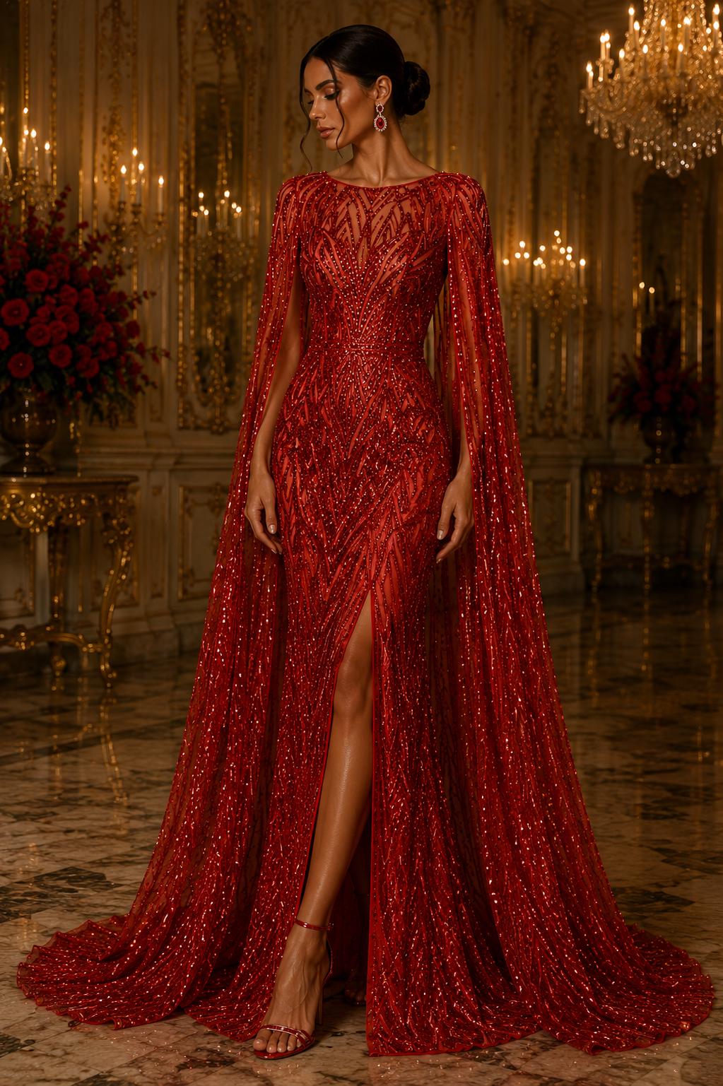 Red - Glossy Design Luxury Shiny Sequin - 4 Way Stretch Mesh Fabric – Prom & Evening Dress Material By The Yard.