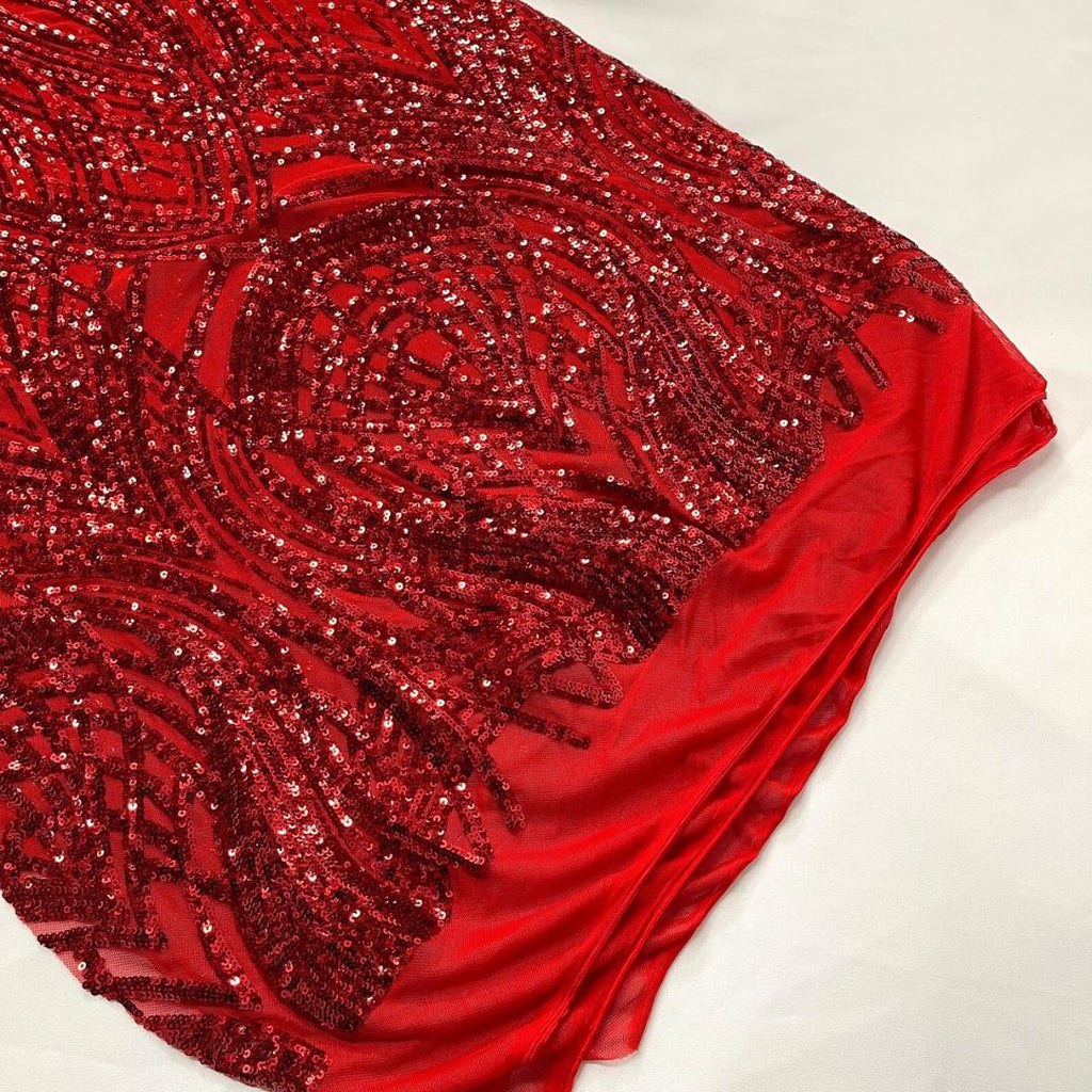 Red - Glossy Design Luxury Shiny Sequin - 4 Way Stretch Mesh Fabric – Prom & Evening Dress Material By The Yard.