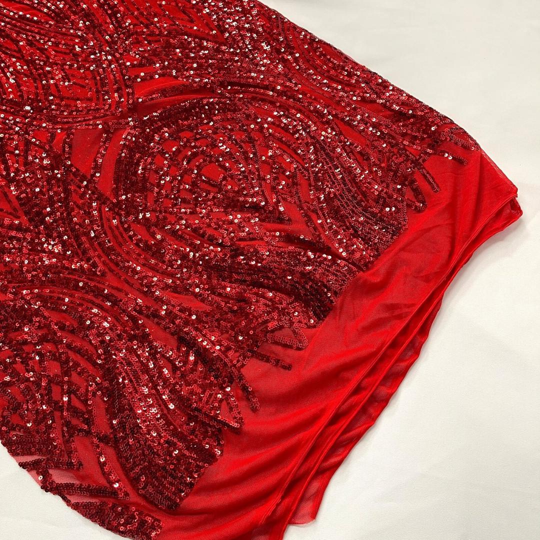 Red - Glossy Design Luxury Shiny Sequin - 4 Way Stretch Mesh Fabric – Prom & Evening Dress Material By The Yard.