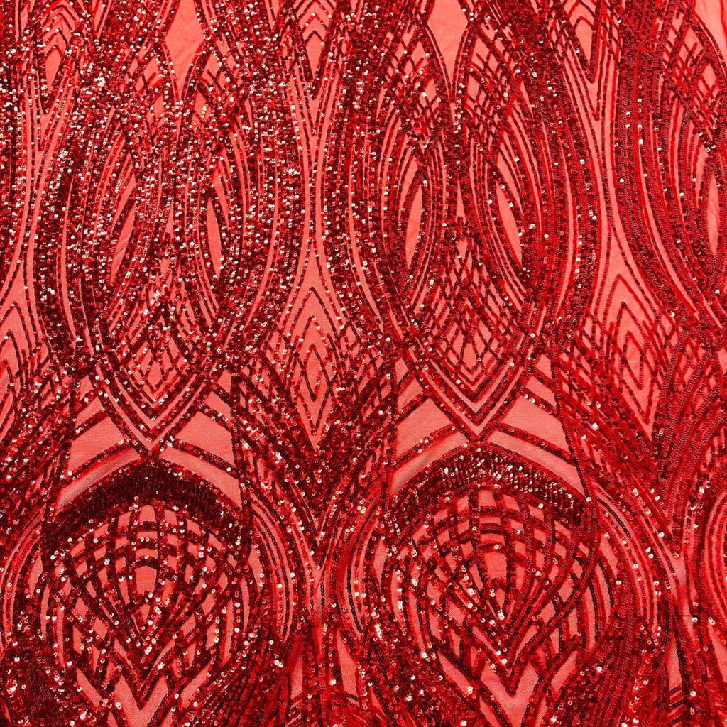 Red - Glossy Design Luxury Shiny Sequin - 4 Way Stretch Mesh Fabric – Prom & Evening Dress Material By The Yard.