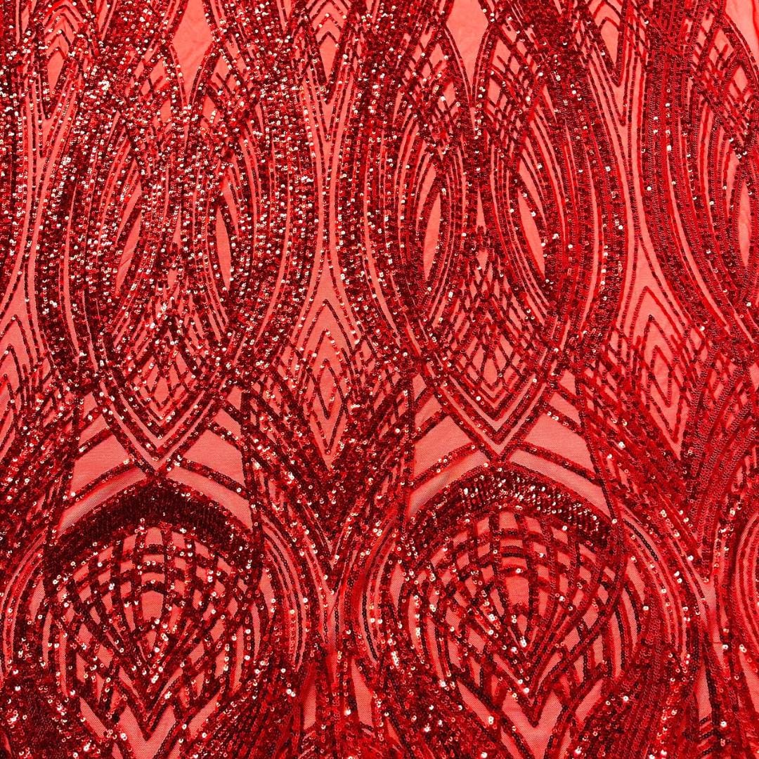 Red - Glossy Design Luxury Shiny Sequin - 4 Way Stretch Mesh Fabric – Prom & Evening Dress Material By The Yard.