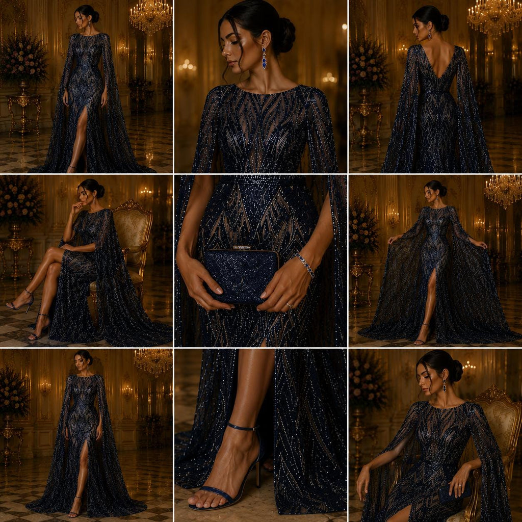 Navy Blue - Glossy Design Luxury Shiny Sequin - 4 Way Stretch Mesh Fabric – Prom & Evening Dress Material By The Yard.