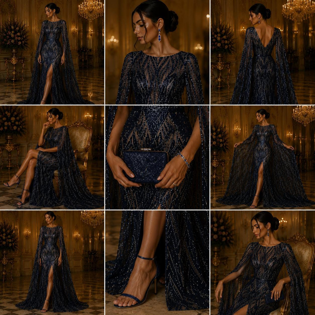 Navy Blue - Glossy Design Luxury Shiny Sequin - 4 Way Stretch Mesh Fabric – Prom & Evening Dress Material By The Yard.