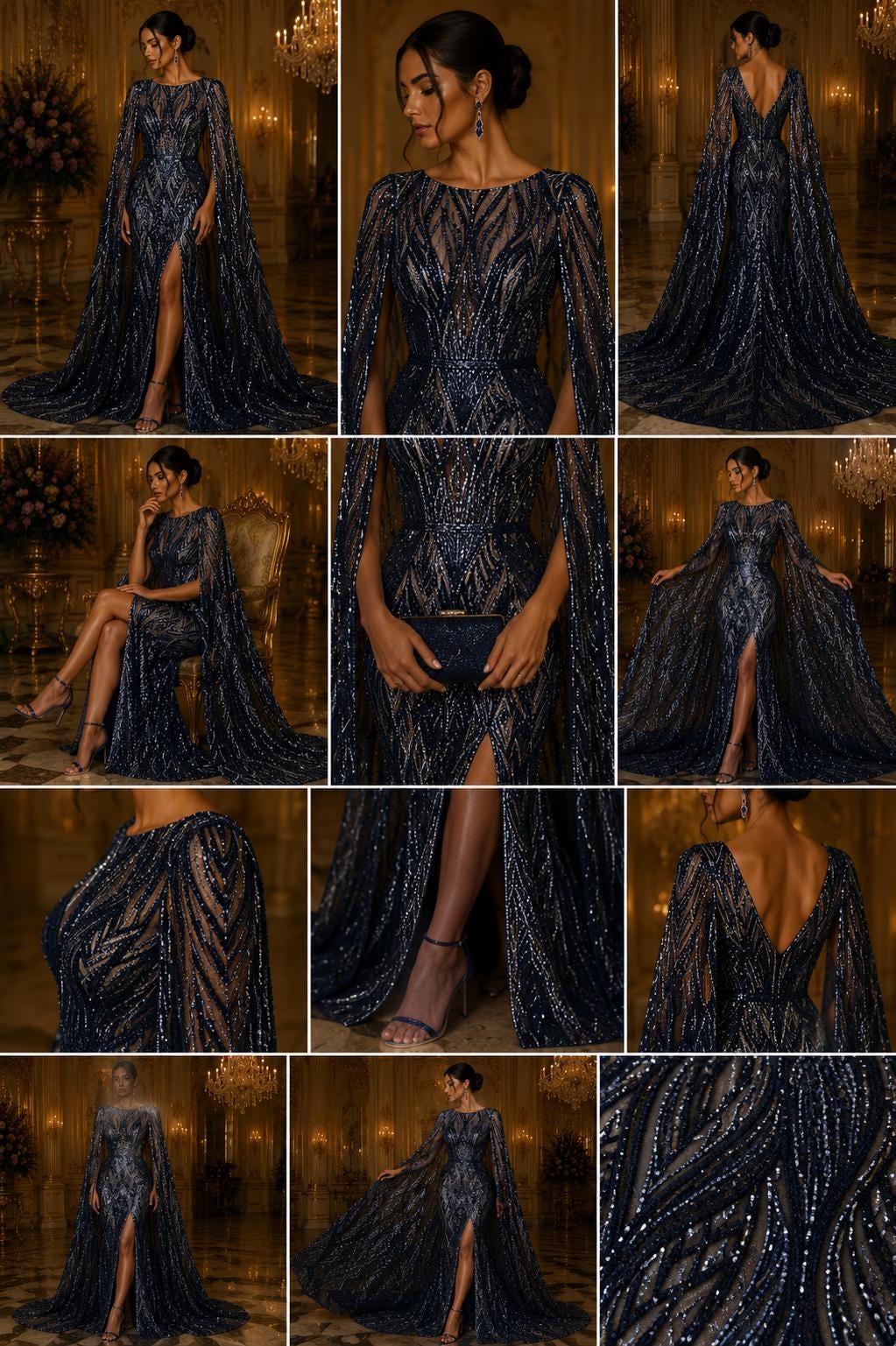Navy Blue - Glossy Design Luxury Shiny Sequin - 4 Way Stretch Mesh Fabric – Prom & Evening Dress Material By The Yard.