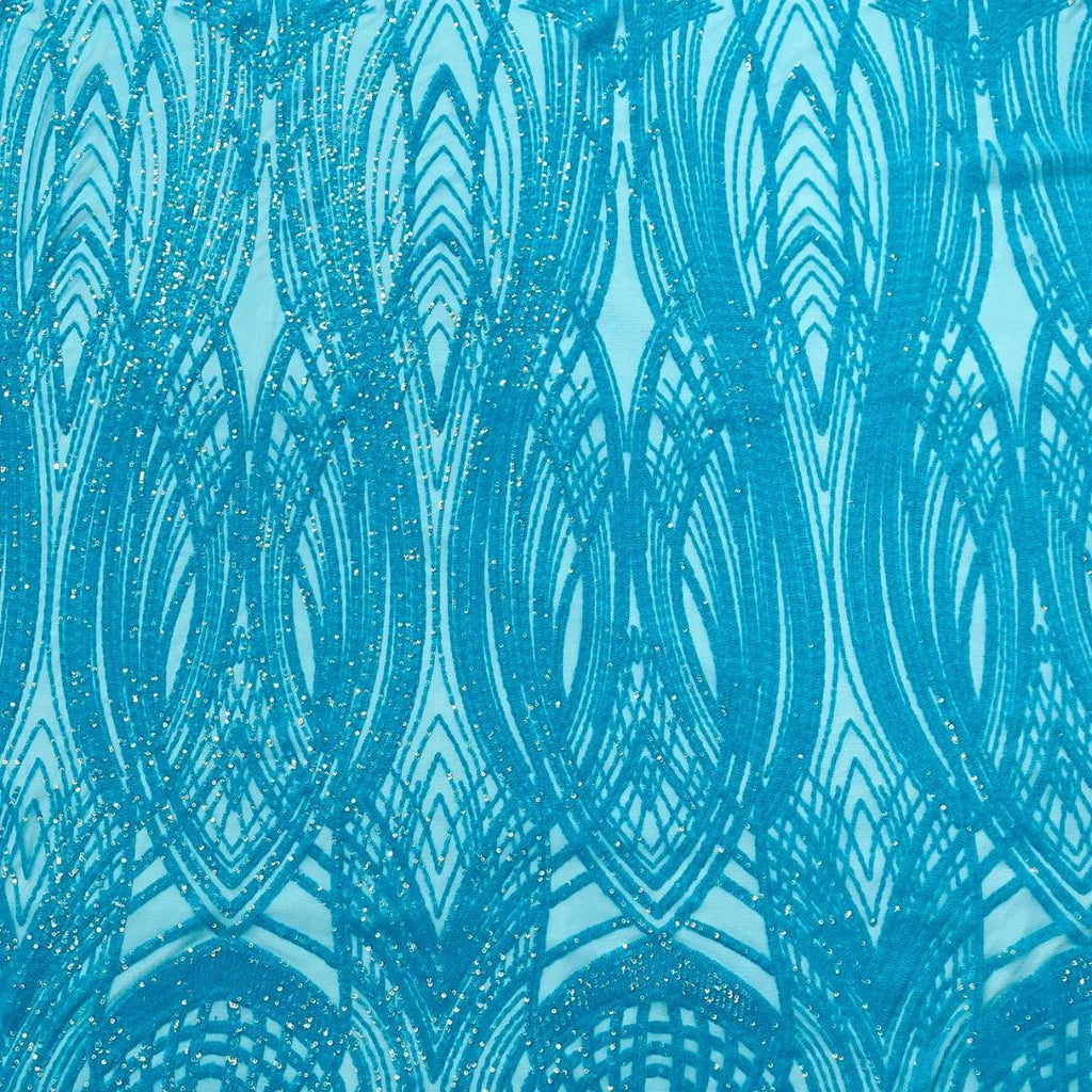 Turquoise - Glossy Design Luxury Shiny Sequin - 4 Way Stretch Mesh Fabric – Prom & Evening Dress Material By The Yard.