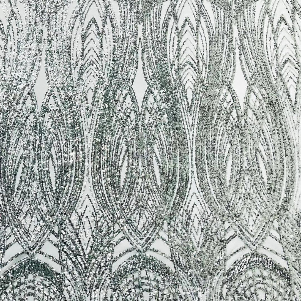 Silver - Glossy Design Luxury Shiny Sequin - 4 Way Stretch Mesh Fabric – Prom & Evening Dress Material By The Yard.