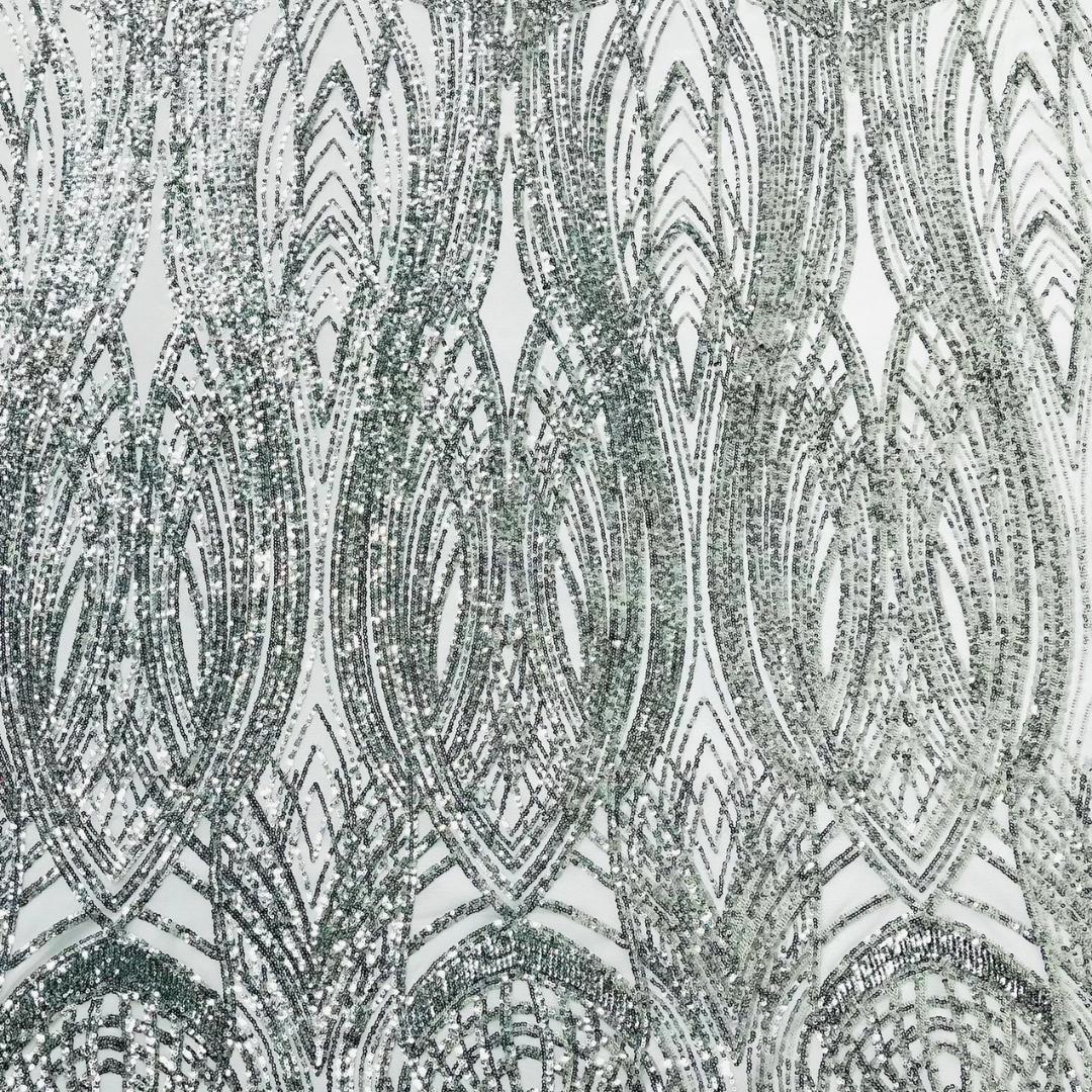 Silver - Glossy Design Luxury Shiny Sequin - 4 Way Stretch Mesh Fabric – Prom & Evening Dress Material By The Yard.