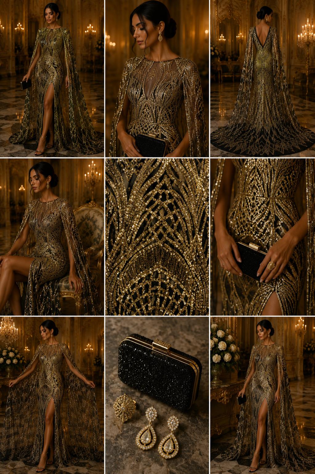 Gold/Black - Glossy Design Luxury Shiny Sequin - 4 Way Stretch Mesh Fabric – Prom & Evening Dress Material By The Yard.