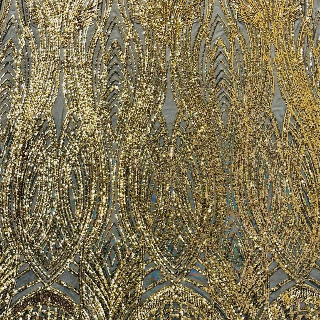 Gold/Black - Glossy Design Luxury Shiny Sequin - 4 Way Stretch Mesh Fabric – Prom & Evening Dress Material By The Yard.