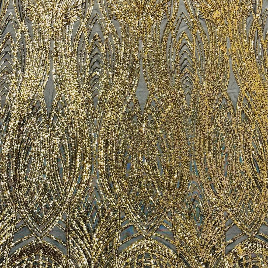 Gold/Black - Glossy Design Luxury Shiny Sequin - 4 Way Stretch Mesh Fabric – Prom & Evening Dress Material By The Yard.