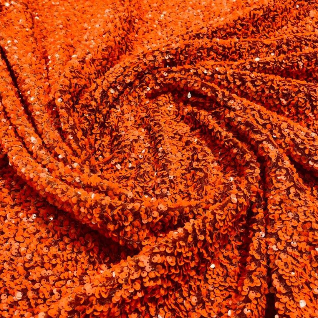 BURNT ORANGE - Sequin Velvet - Sequin Design Stretch Velvet All Over 5mm Shining Sequins 2 Way Stretch, Sold By The yard.