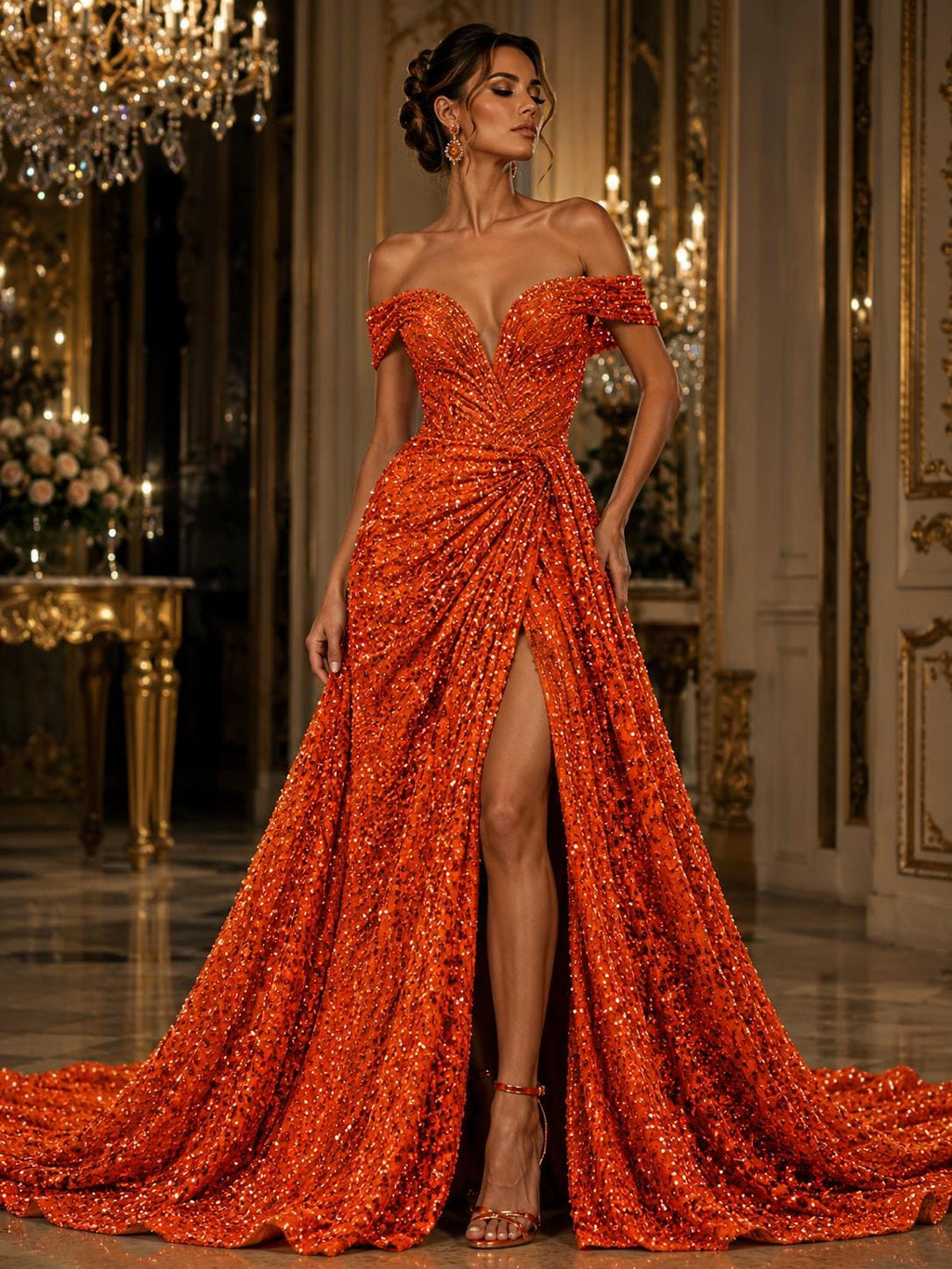 BURNT ORANGE - Sequin Velvet - Sequin Design Stretch Velvet All Over 5mm Shining Sequins 2 Way Stretch, Sold By The yard.