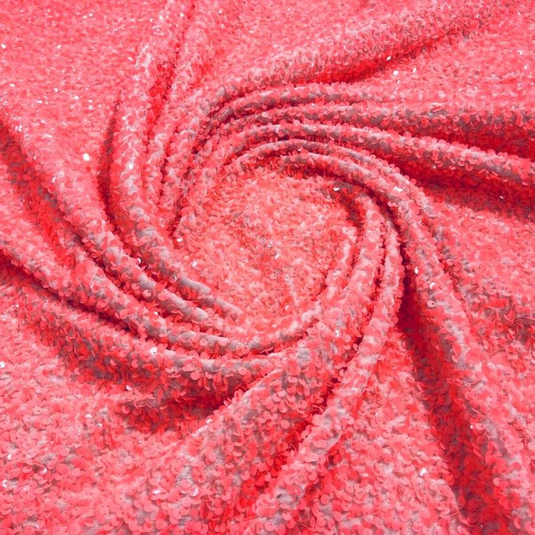CORAL - Sequin Velvet - Sequin Design Stretch Velvet All Over 5mm Shining Sequins 2 Way Stretch, Sold By The yard.