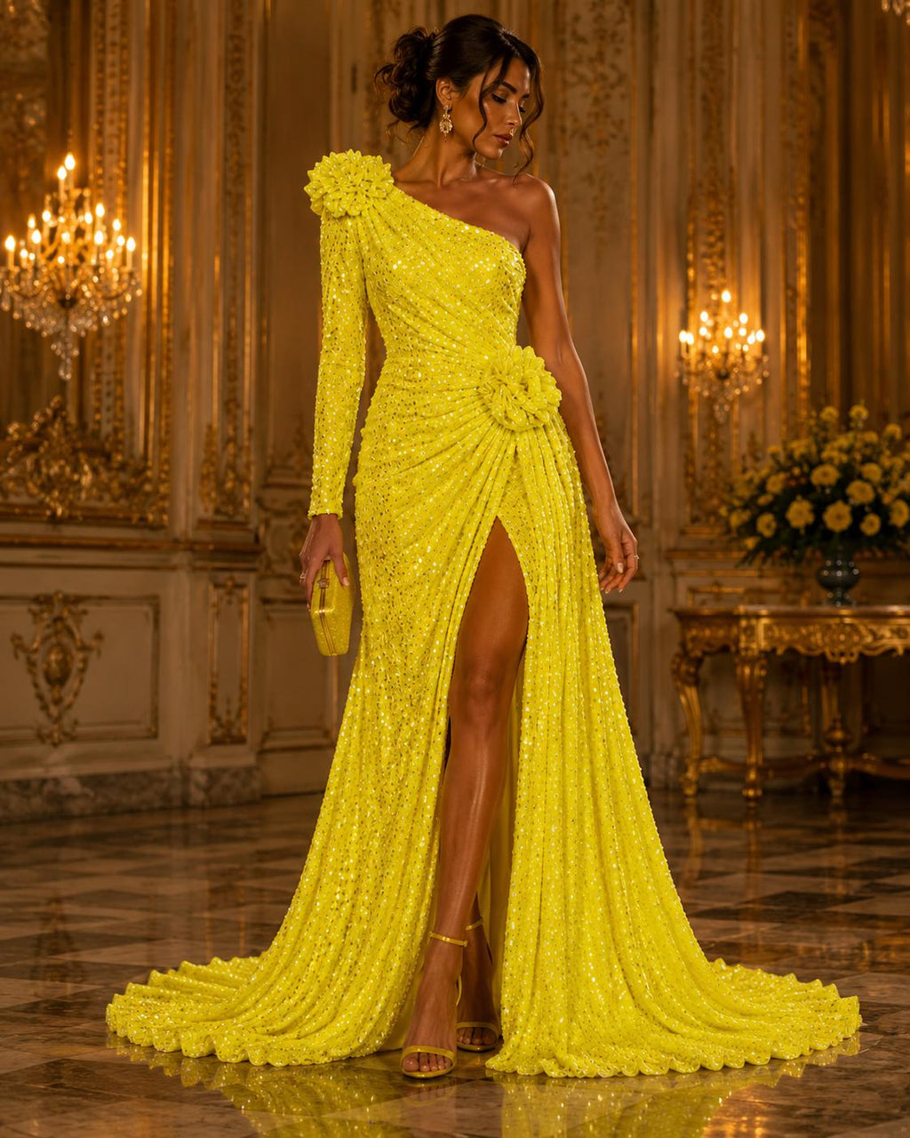 YELLOW - Iridescent Sequin Velvet - Sequin Design Stretch Velvet All Over 5mm Shining Sequins 2 Way Stretch, Sold By The yard.