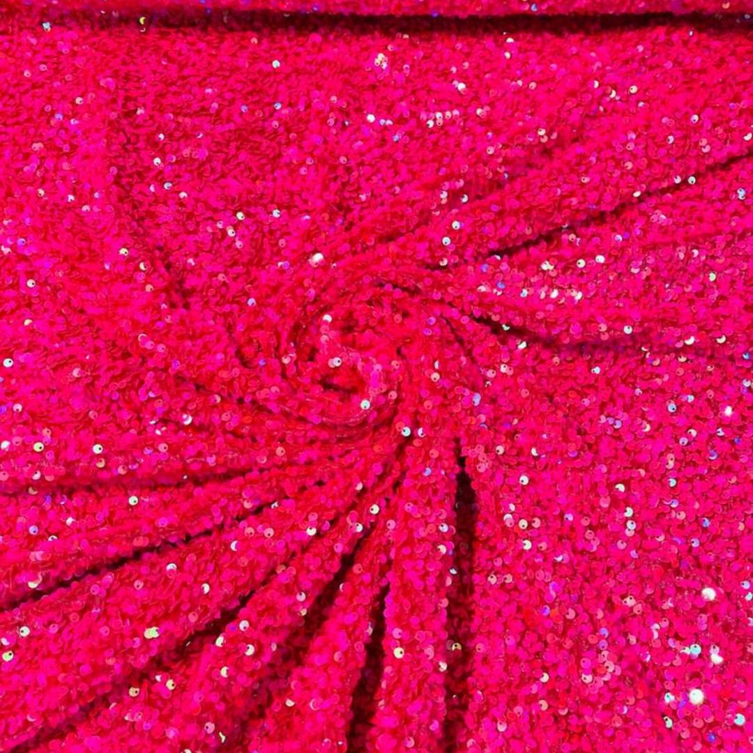 HOT PINK - Iridescent Sequin Velvet - Sequin Design Stretch Velvet All Over 5mm Shining Sequins 2 Way Stretch, Sold By The yard.
