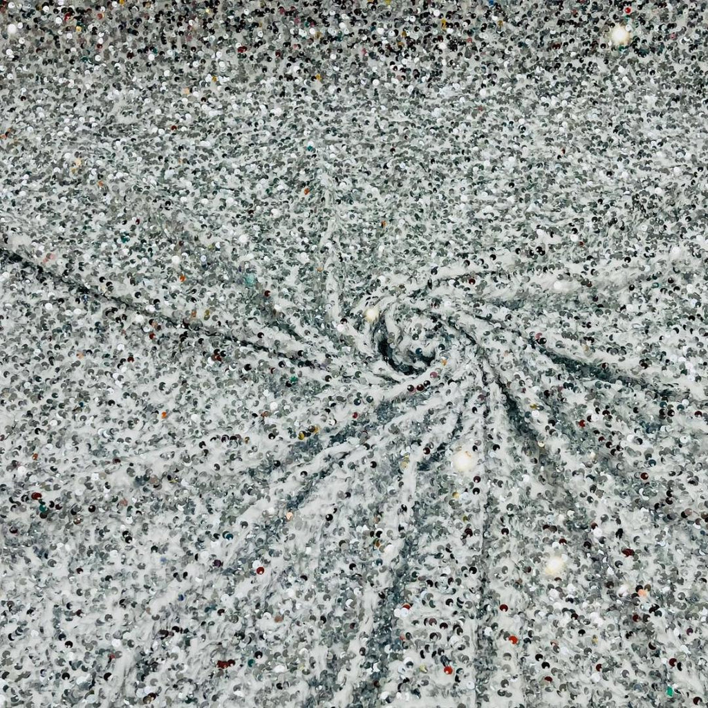 SILVER/WHITE - Sequin Velvet - Sequin Design Stretch Velvet All Over 5mm Shining Sequins 2 Way Stretch, Sold By The yard.