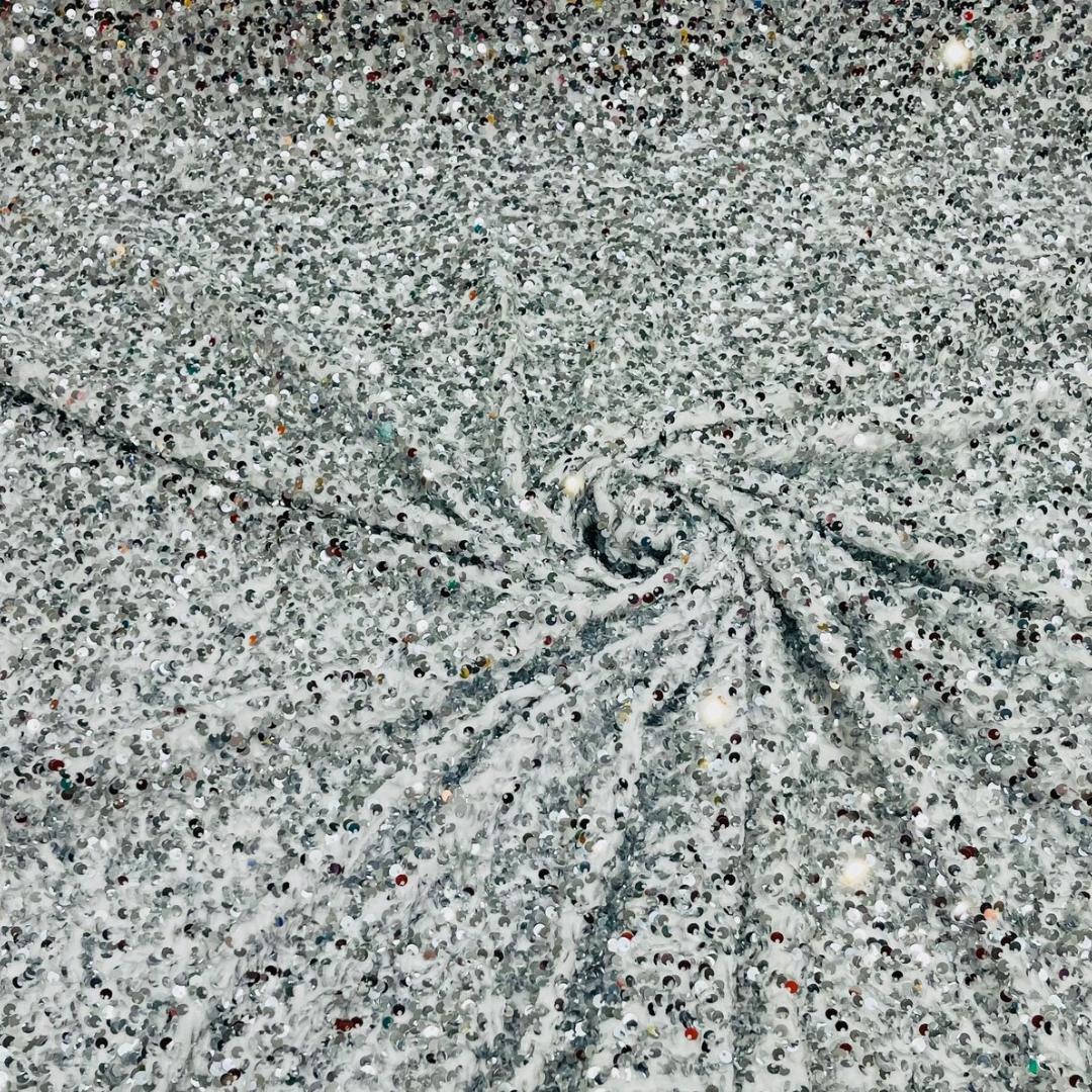 SILVER/WHITE - Sequin Velvet - Sequin Design Stretch Velvet All Over 5mm Shining Sequins 2 Way Stretch, Sold By The yard.