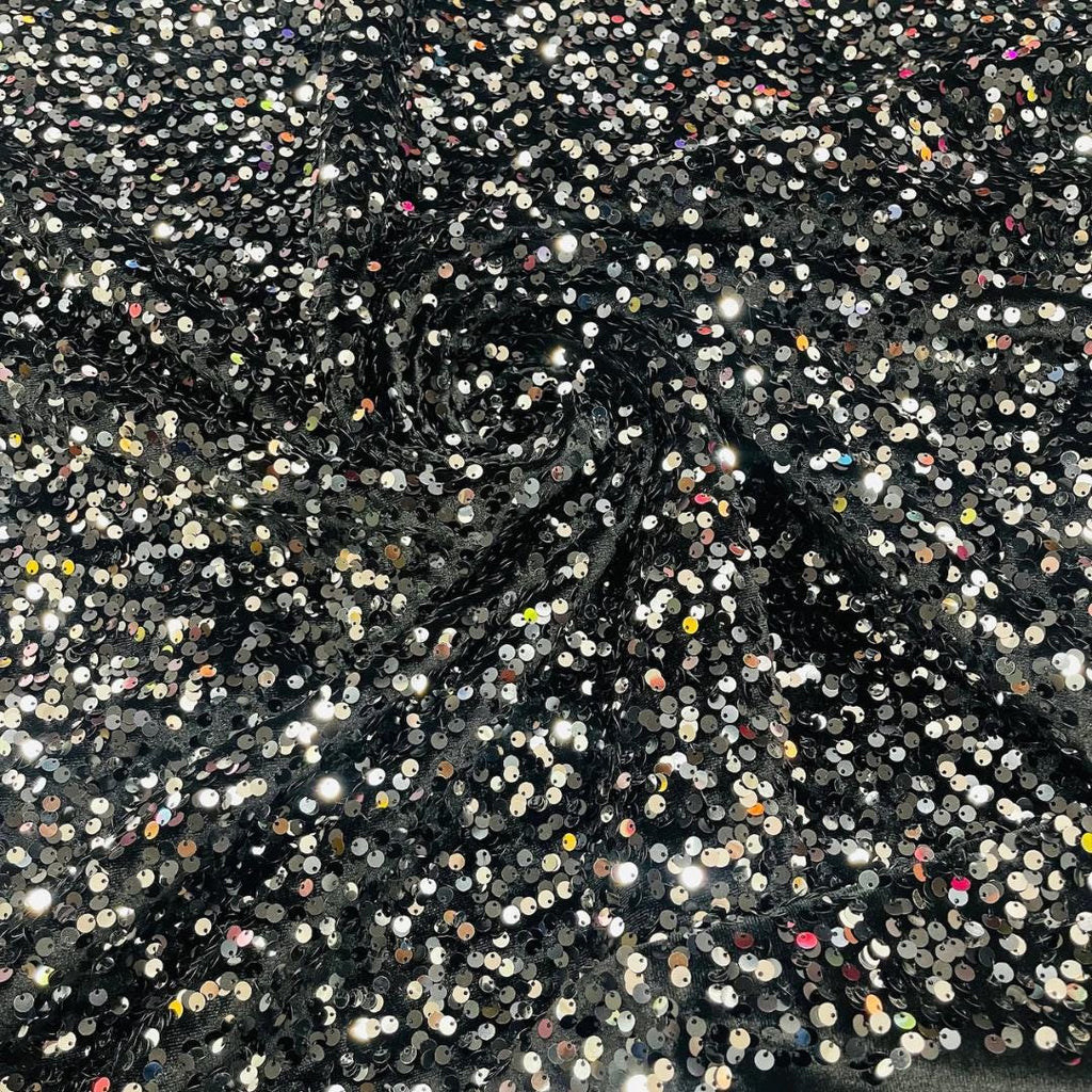 SILVER/BLACK - Sequin Velvet - Sequin Design Stretch Velvet All Over 5mm Shining Sequins 2 Way Stretch, Sold By The yard.