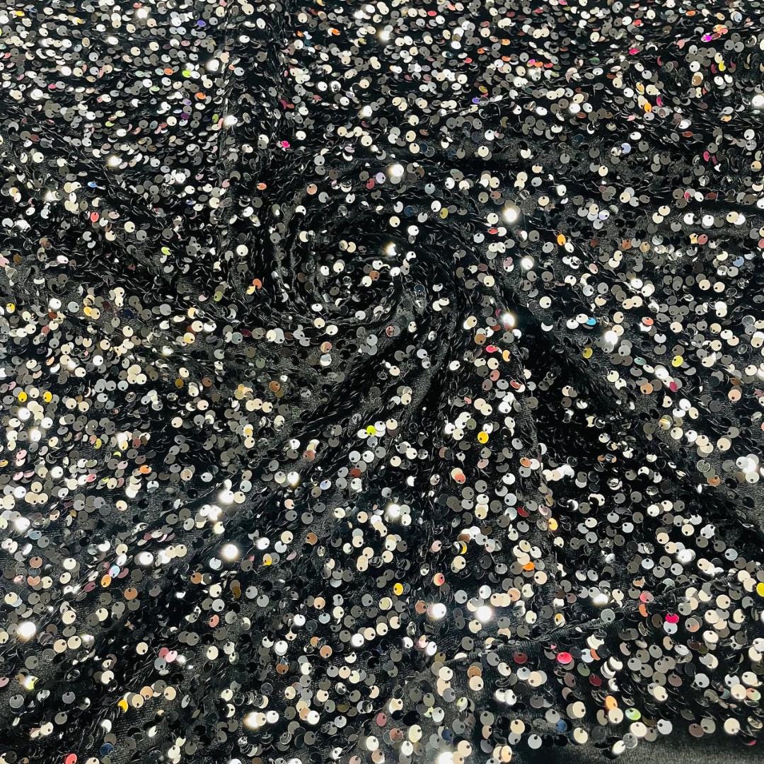 SILVER/BLACK - Sequin Velvet - Sequin Design Stretch Velvet All Over 5mm Shining Sequins 2 Way Stretch, Sold By The yard.
