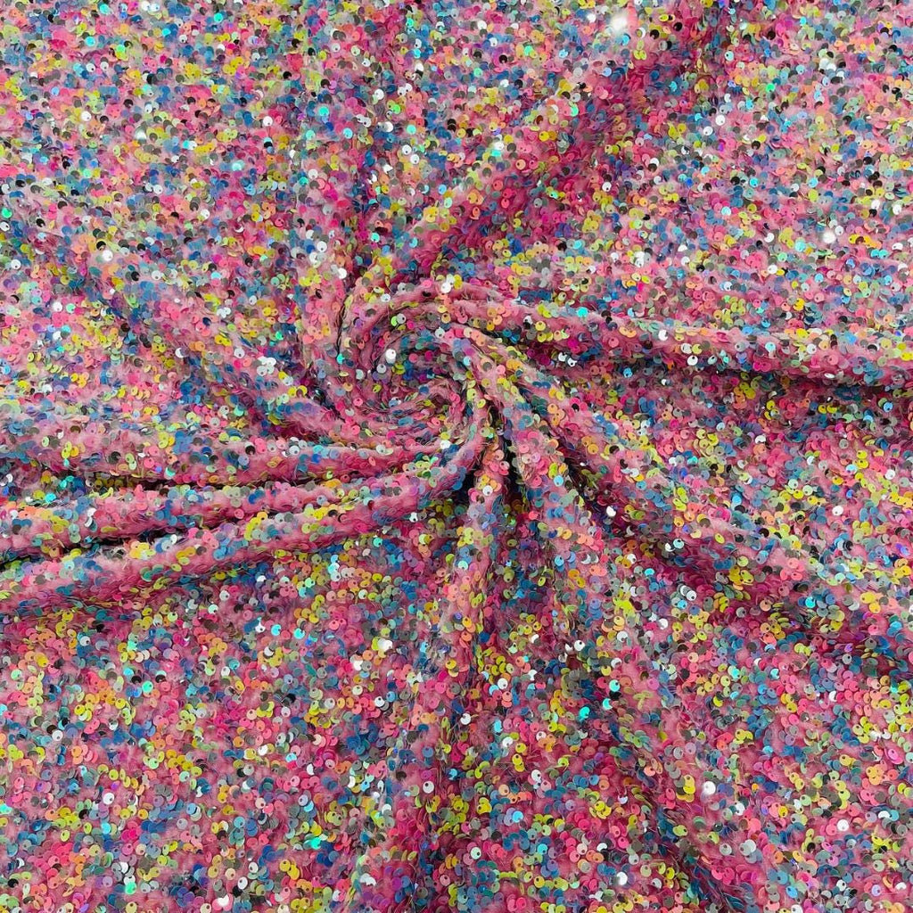 PINK - Sequin Velvet - Confetti Sequin Design Stretch Velvet All Over 5mm Shining Sequins 2 Way Stretch, Sold By The yard.
