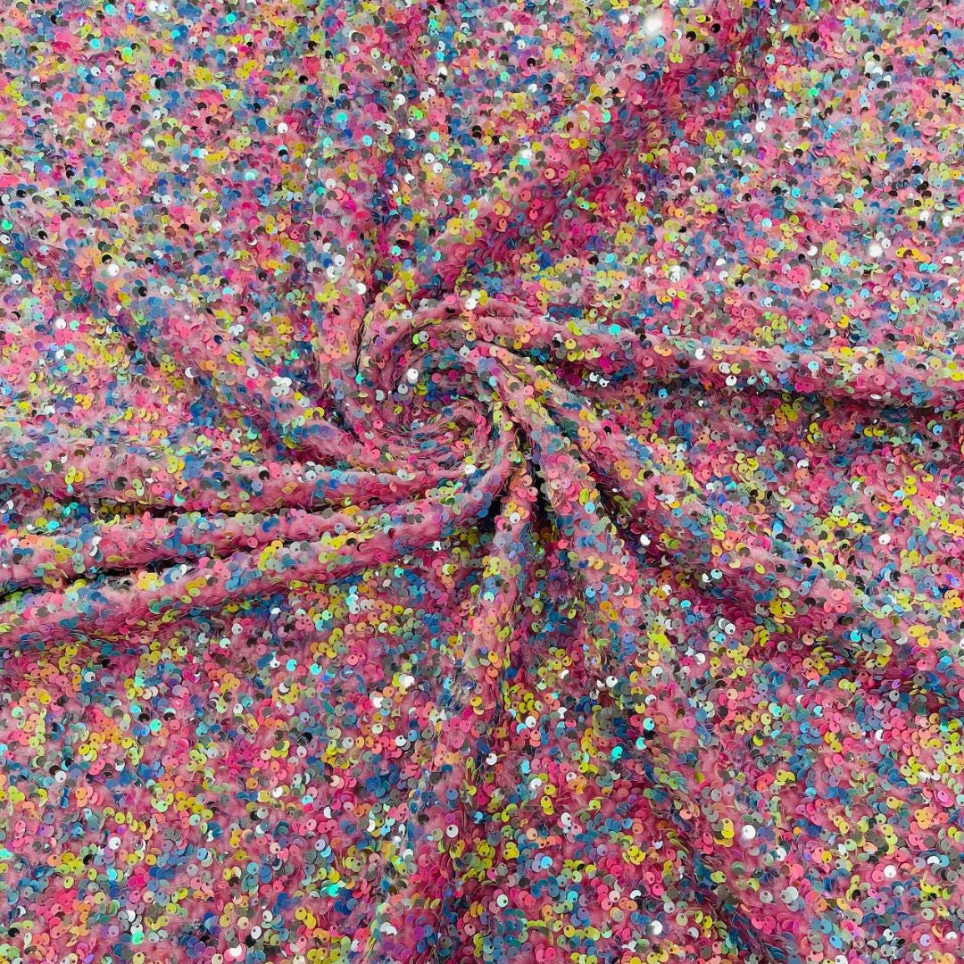 PINK - Sequin Velvet - Confetti Sequin Design Stretch Velvet All Over 5mm Shining Sequins 2 Way Stretch, Sold By The yard.