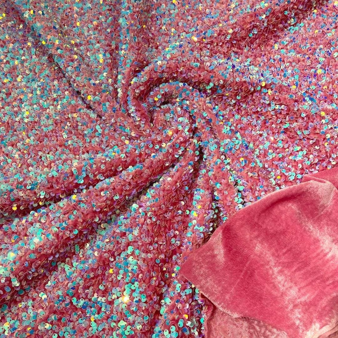 AQUA/PINK - Sequin Velvet - Confetti Sequin Design Stretch Velvet All Over 5mm Shining Sequins 2 Way Stretch, Sold By The yard.
