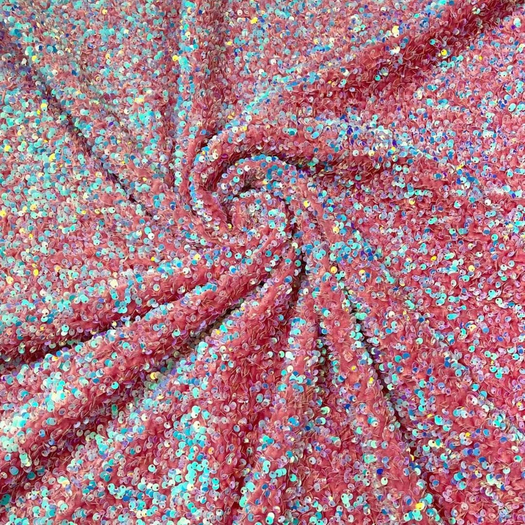 AQUA/PINK - Sequin Velvet - Confetti Sequin Design Stretch Velvet All Over 5mm Shining Sequins 2 Way Stretch, Sold By The yard.