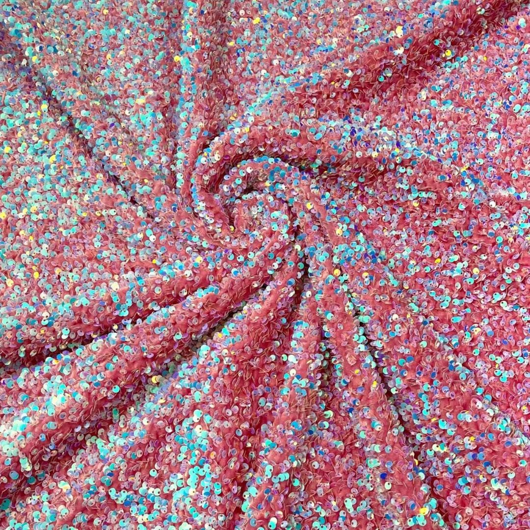AQUA/PINK - Sequin Velvet - Confetti Sequin Design Stretch Velvet All Over 5mm Shining Sequins 2 Way Stretch, Sold By The yard.