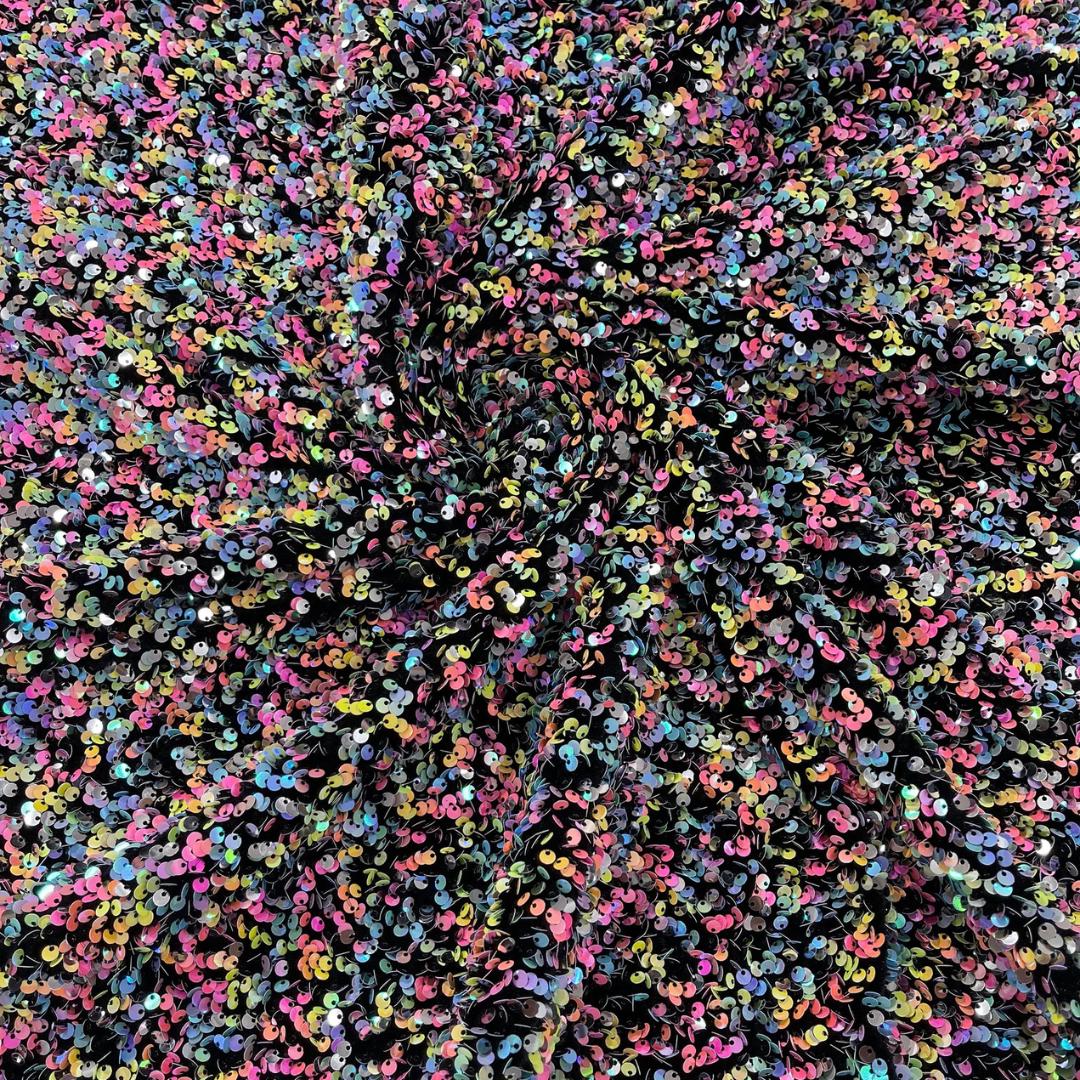 BLACK - Sequin Velvet - Confetti Sequin Design Stretch Velvet All Over 5mm Shining Sequins 2 Way Stretch, Sold By The yard.