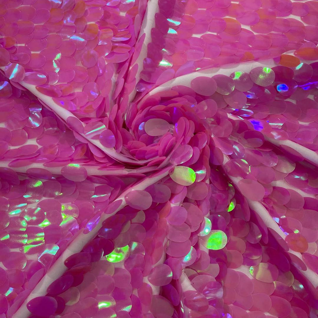 CANDY PINK - JUMBO - Iridescent Sequins Oval Sequin Paillette/Tear Drop Mermaid Big Sequins Fabric Mesh By The Yard.