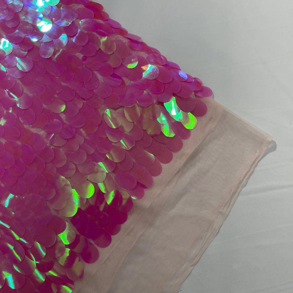 CANDY PINK - JUMBO - Iridescent Sequins Oval Sequin Paillette/Tear Drop Mermaid Big Sequins Fabric Mesh By The Yard.