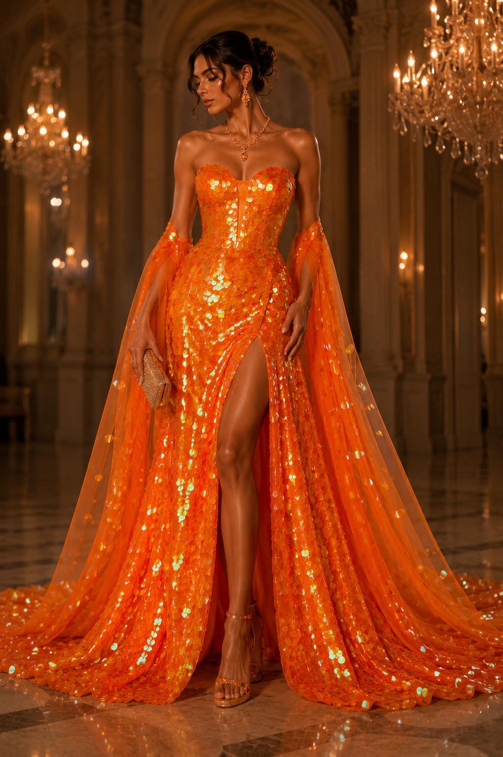 ORANGE - ROUND - Sequin Paillette Mesh Fabric/ 54 Inches Wide By The Yard.