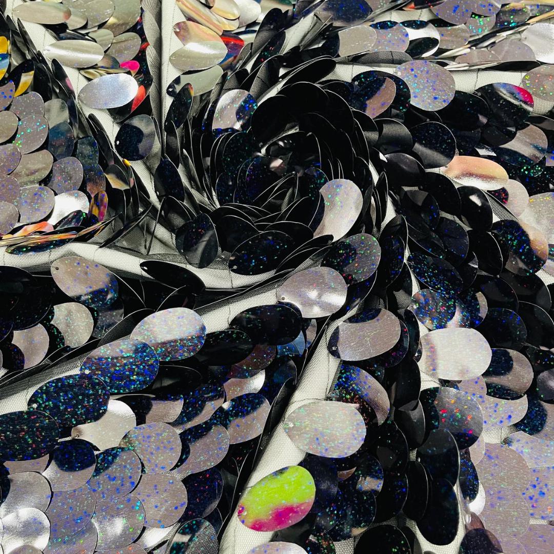 BLACK - JUMBO - Iridescent Sequins Oval Sequin Paillette/Tear Drop Mermaid Big Sequins Fabric Mesh By The Yard.