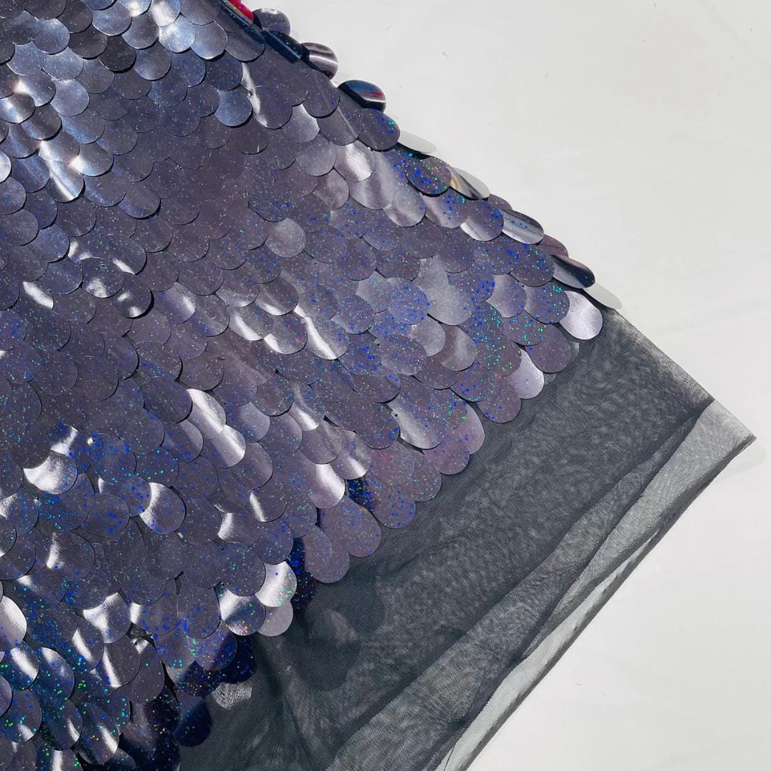 BLACK - JUMBO - Iridescent Sequins Oval Sequin Paillette/Tear Drop Mermaid Big Sequins Fabric Mesh By The Yard.